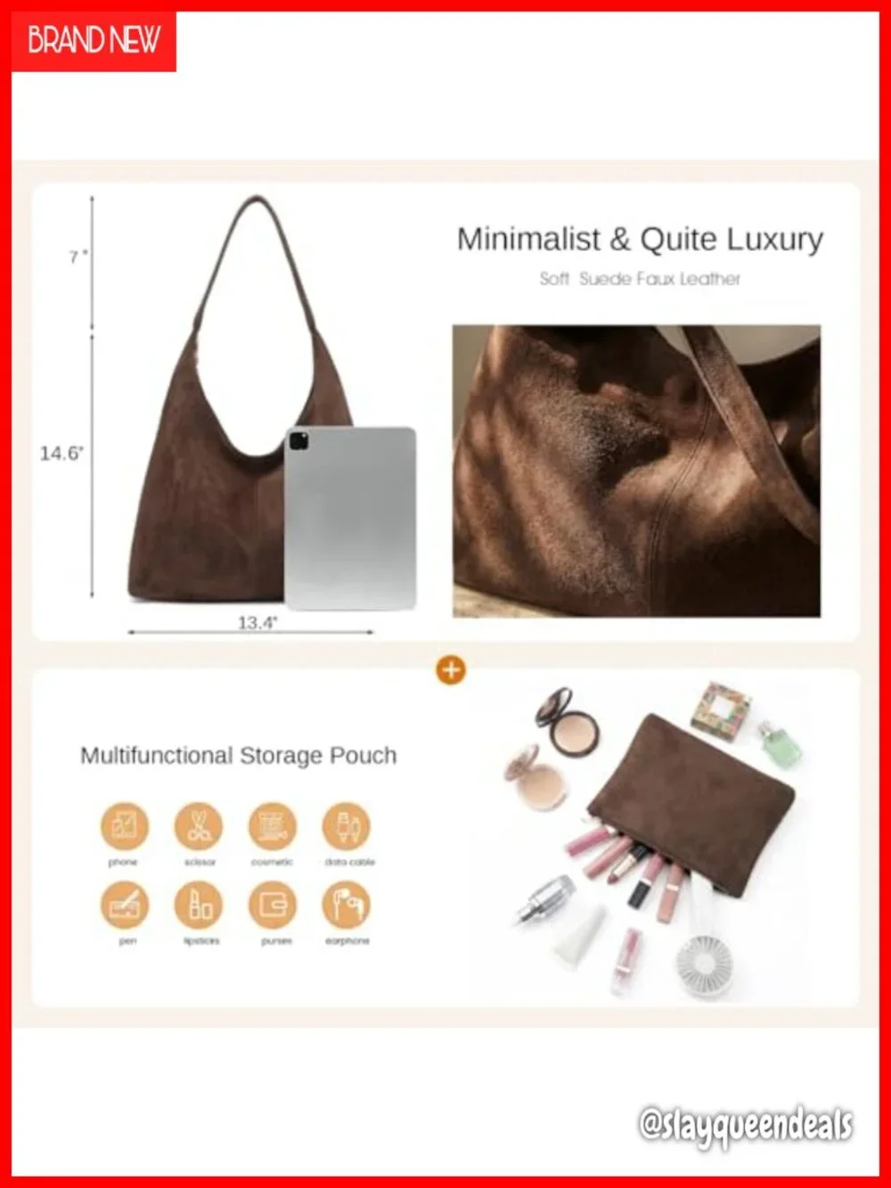Faux Suede Slouchy Hobo Bag with Removable Pouch Women's Shoulder Purse